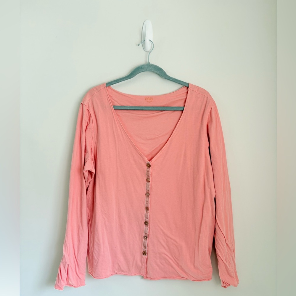 EILEEN FISHER Organic Cotton Coral V-Neck Button Up Top Womens XL Coastal Casual